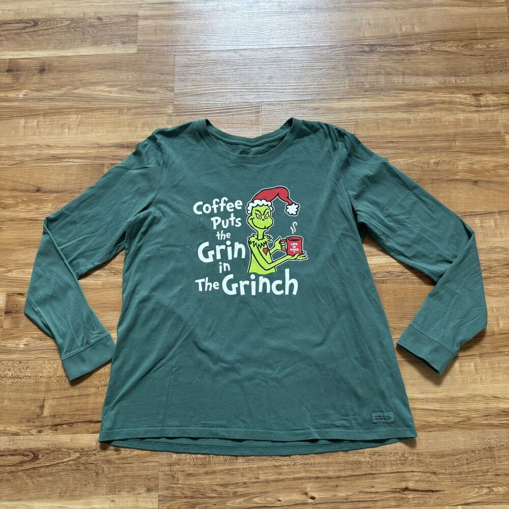 Life is Good Women XL Green The Grinch Crusher Long Sleeve Christmas Tee Coffee